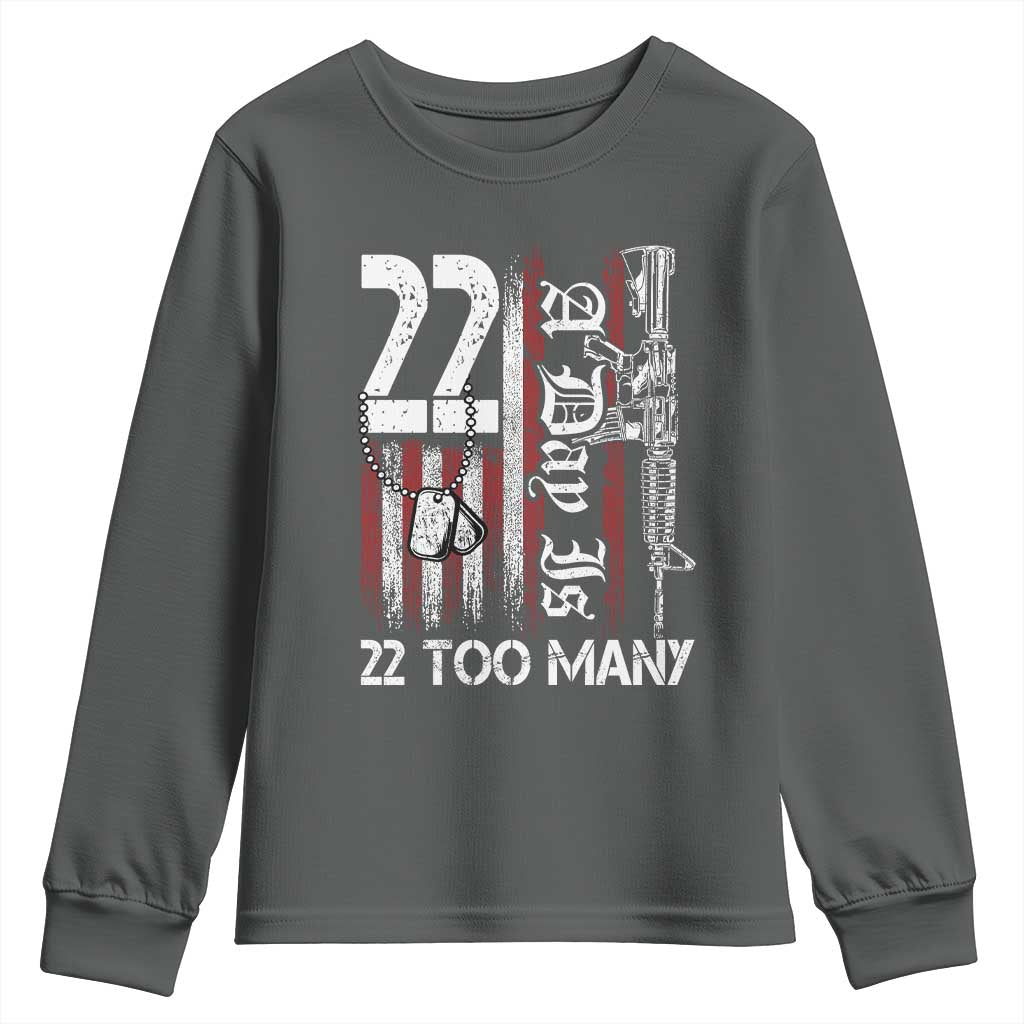 Suicide Awareness PTSD Veteran Youth Sweatshirt 22 A Day Is Too Many Vintage American Flag TS11 Dark Heather Print Your Wear