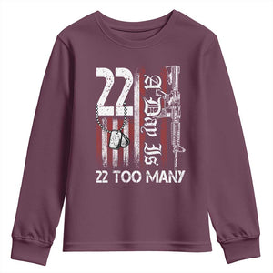 Suicide Awareness PTSD Veteran Youth Sweatshirt 22 A Day Is Too Many Vintage American Flag TS11 Maroon Print Your Wear