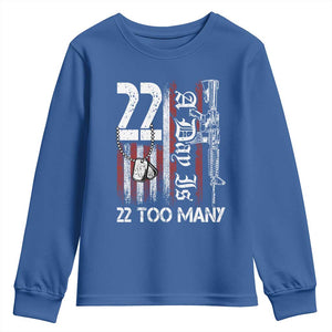Suicide Awareness PTSD Veteran Youth Sweatshirt 22 A Day Is Too Many Vintage American Flag TS11 Royal Blue Print Your Wear