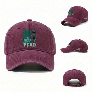 PTSD Awareness Not All Wounds Are Visible Washed Cotton Baseball Cap PTSD Veteran Military Soldier TS11 Washed Cap Universal Fit Burgundy Print Your Wear