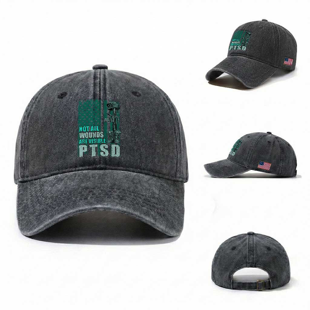 PTSD Awareness Not All Wounds Are Visible Washed Cotton Baseball Cap PTSD Veteran Military Soldier TS11 Washed Cap Universal Fit Dark Gray Print Your Wear
