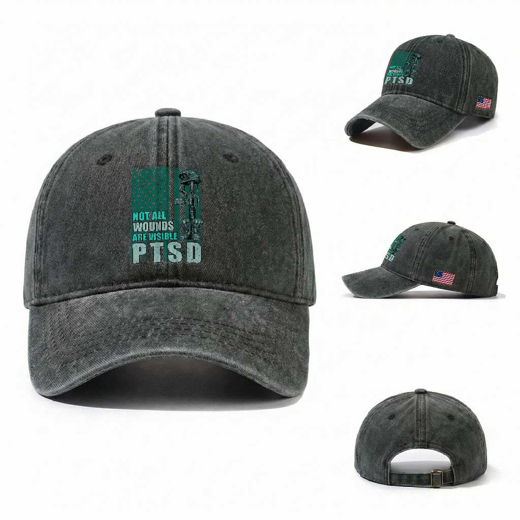 PTSD Awareness Not All Wounds Are Visible Washed Cotton Baseball Cap PTSD Veteran Military Soldier TS11 Washed Cap Universal Fit Dark Green Print Your Wear