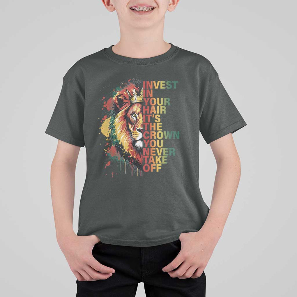 Rasta Lion T Shirt For Kid Invest In Your Hair It's The Crown You Never Take Off Jamaican Pride TS11 Dark Heather Print Your Wear