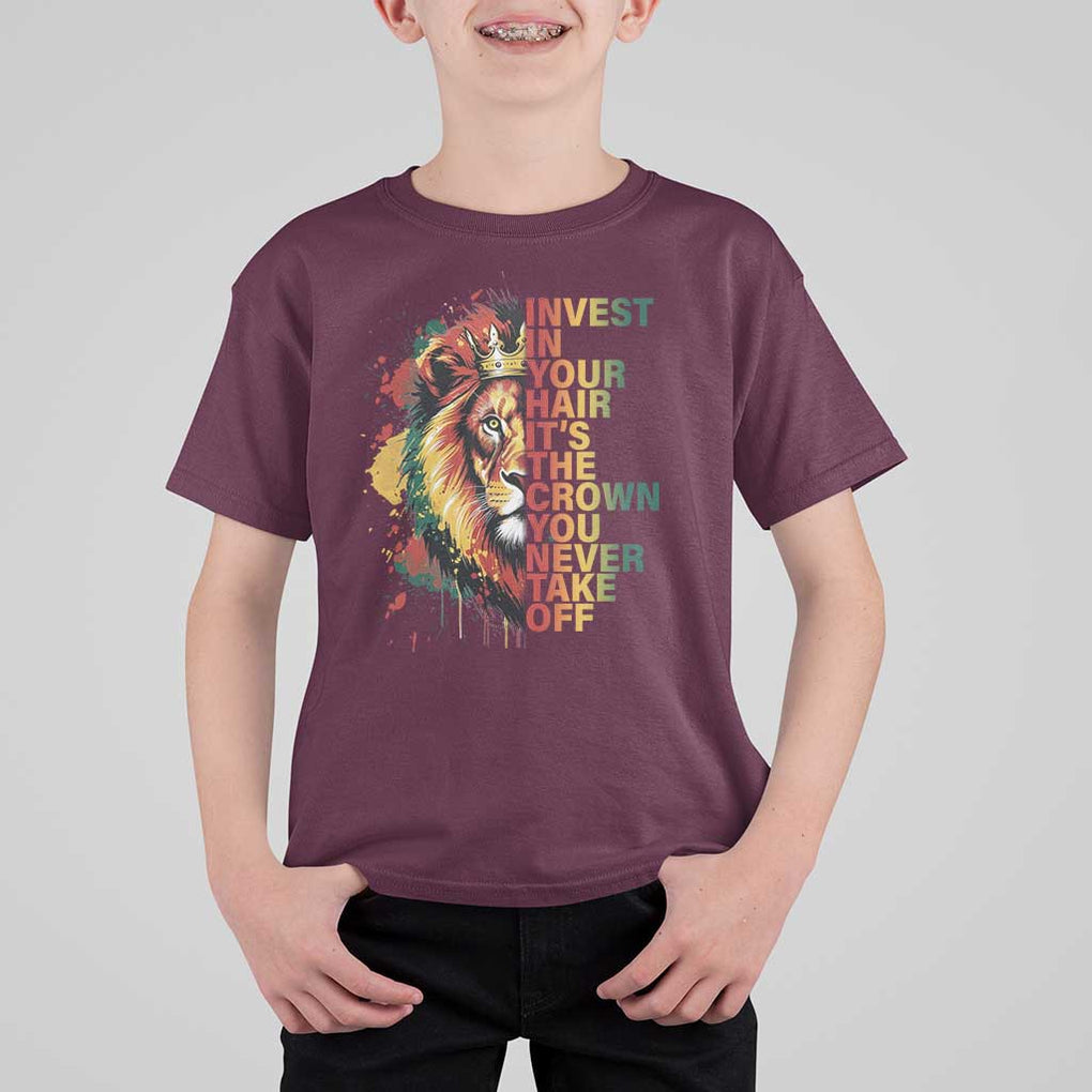 Rasta Lion T Shirt For Kid Invest In Your Hair It's The Crown You Never Take Off Jamaican Pride TS11 Maroon Print Your Wear