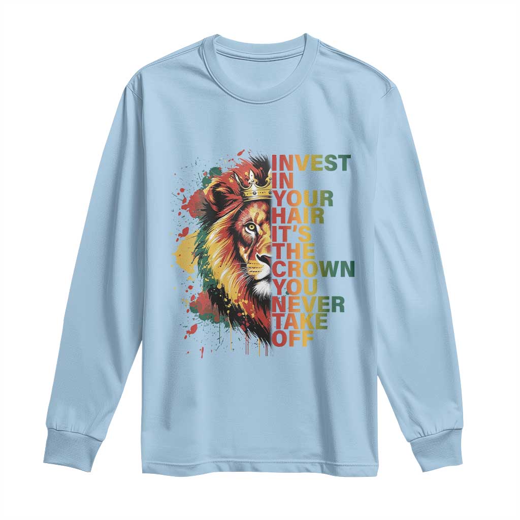 Rasta Lion Long Sleeve Shirt Invest In Your Hair It's The Crown You Never Take Off Jamaican Pride TS11 Light Blue Print Your Wear