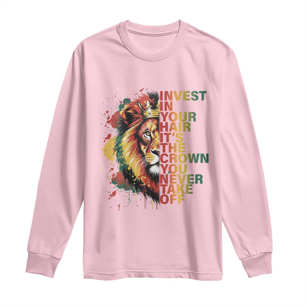 Rasta Lion Long Sleeve Shirt Invest In Your Hair It's The Crown You Never Take Off Jamaican Pride TS11 Light Pink Print Your Wear