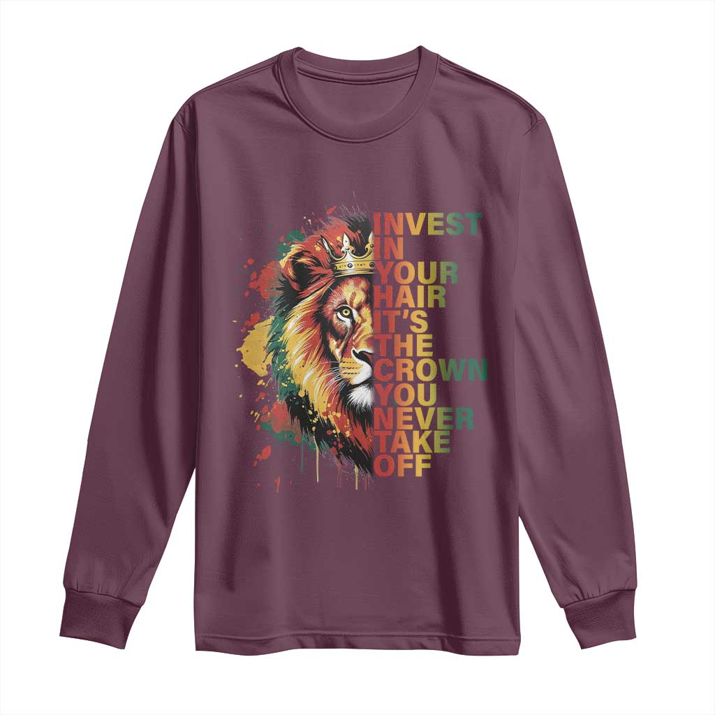 Rasta Lion Long Sleeve Shirt Invest In Your Hair It's The Crown You Never Take Off Jamaican Pride TS11 Maroon Print Your Wear