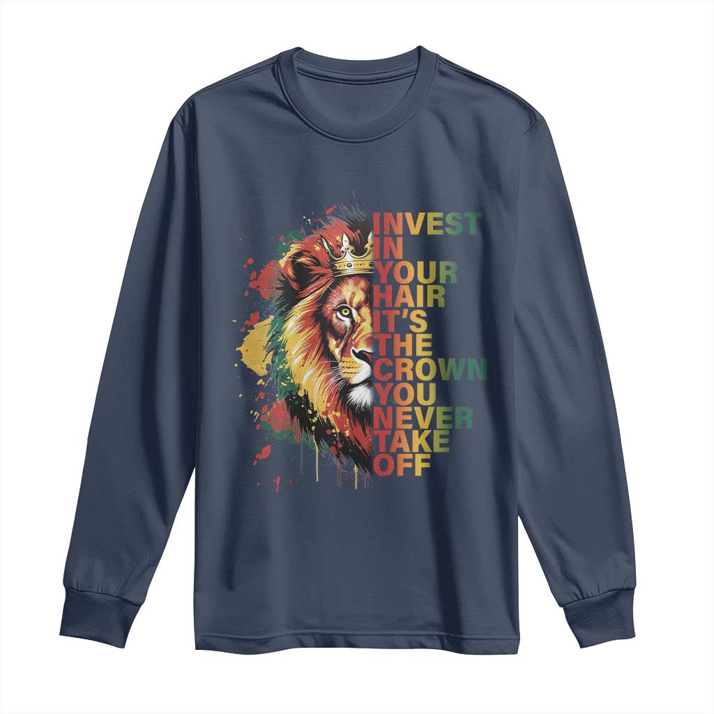 Rasta Lion Long Sleeve Shirt Invest In Your Hair It's The Crown You Never Take Off Jamaican Pride TS11 Navy Print Your Wear