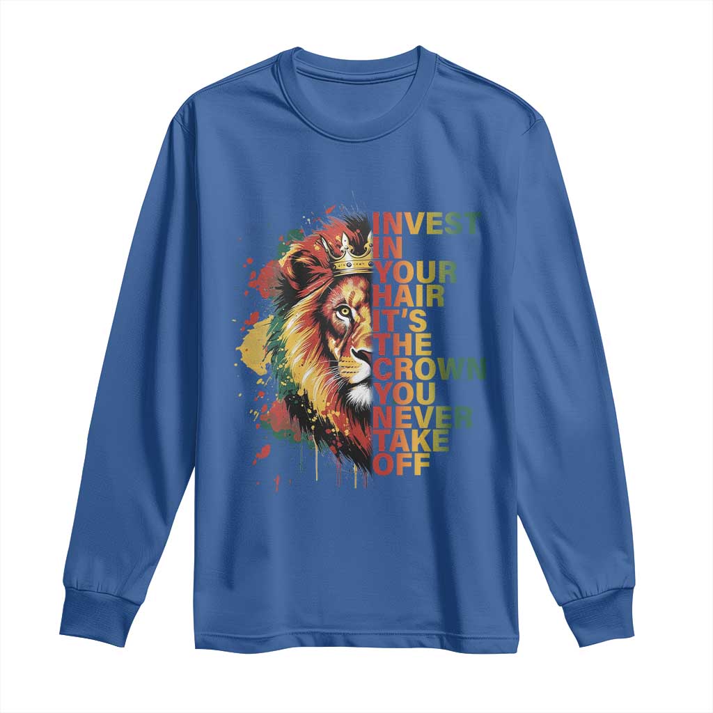 Rasta Lion Long Sleeve Shirt Invest In Your Hair It's The Crown You Never Take Off Jamaican Pride TS11 Royal Blue Print Your Wear