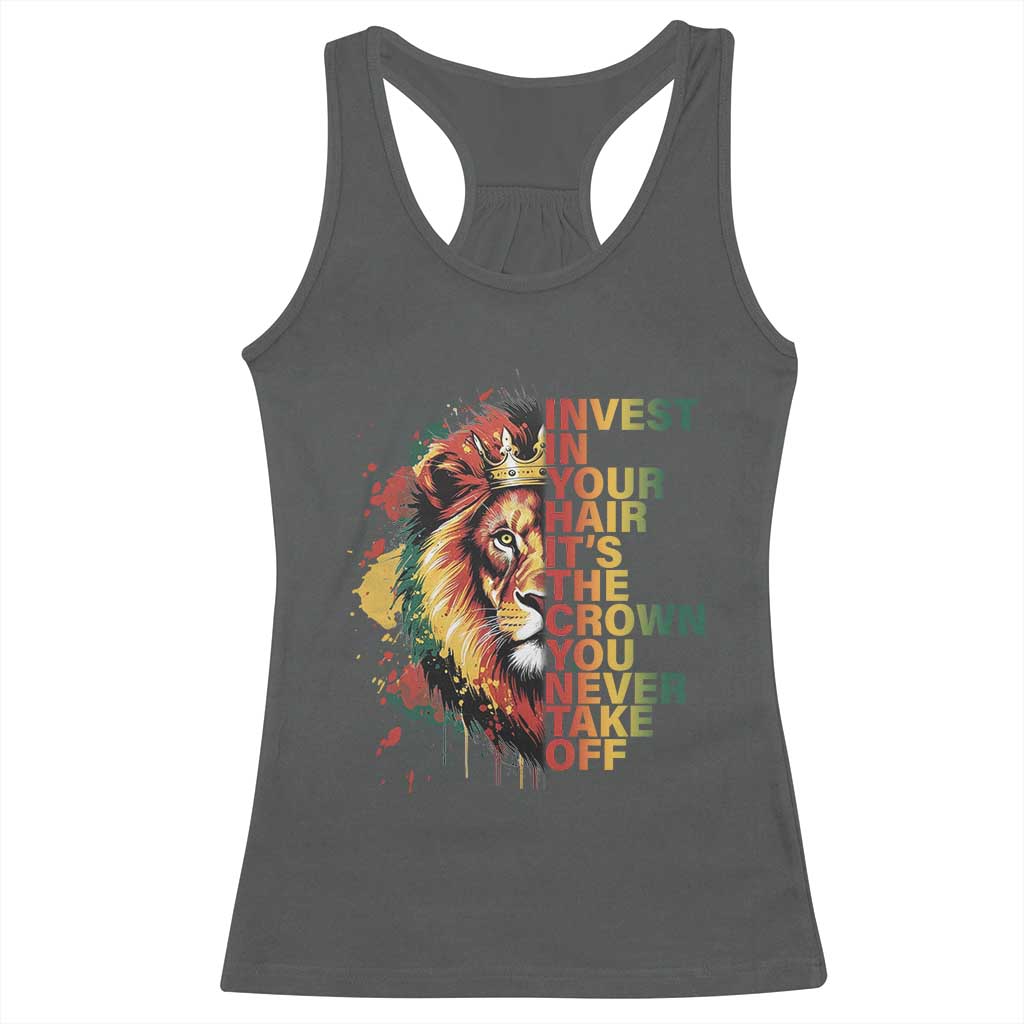 Rasta Lion Racerback Tank Top Invest In Your Hair It's The Crown You Never Take Off Jamaican Pride TS11 Dark Heather Print Your Wear