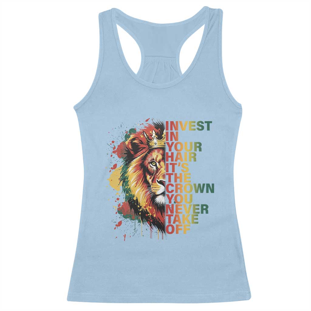 Rasta Lion Racerback Tank Top Invest In Your Hair It's The Crown You Never Take Off Jamaican Pride TS11 Light Blue Print Your Wear