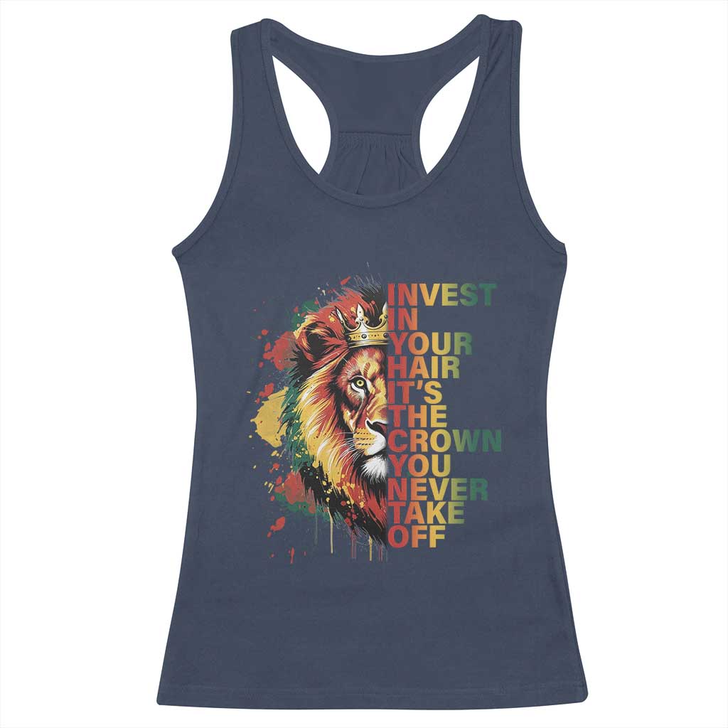 Rasta Lion Racerback Tank Top Invest In Your Hair It's The Crown You Never Take Off Jamaican Pride TS11 Navy Print Your Wear