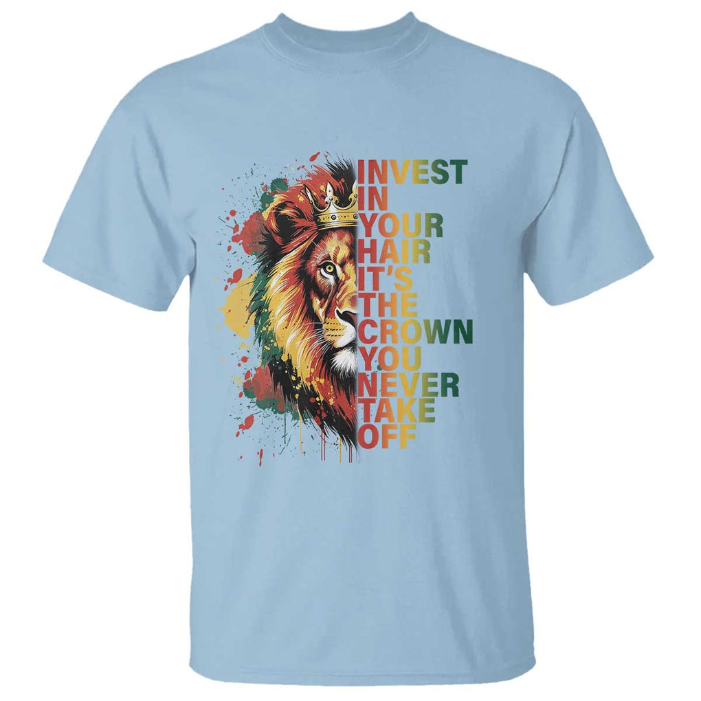 Rasta Lion T Shirt Invest In Your Hair It's The Crown You Never Take Off Jamaican Pride TS11 Light Blue Print Your Wear