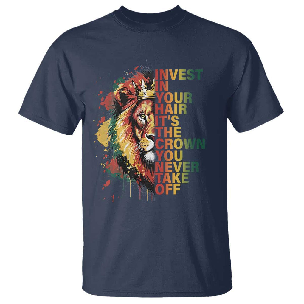 Rasta Lion T Shirt Invest In Your Hair It's The Crown You Never Take Off Jamaican Pride TS11 Navy Print Your Wear