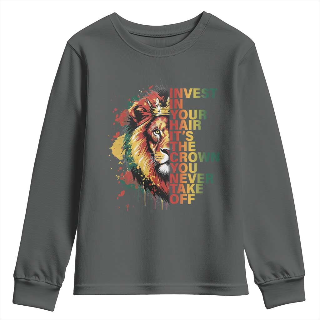 Rasta Lion Youth Sweatshirt Invest In Your Hair It's The Crown You Never Take Off Jamaican Pride TS11 Dark Heather Print Your Wear