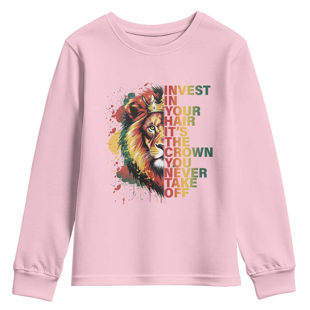 Rasta Lion Youth Sweatshirt Invest In Your Hair It's The Crown You Never Take Off Jamaican Pride TS11 Light Pink Print Your Wear