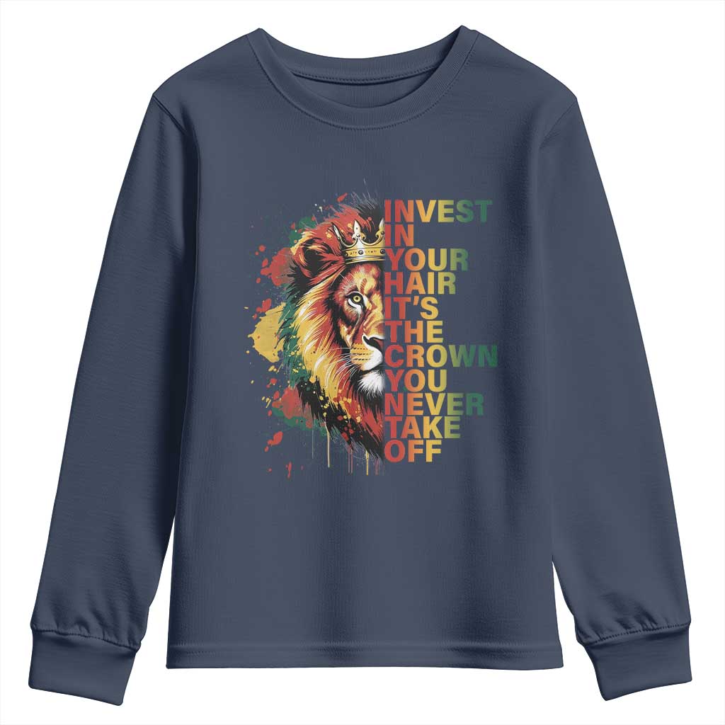 Rasta Lion Youth Sweatshirt Invest In Your Hair It's The Crown You Never Take Off Jamaican Pride TS11 Navy Print Your Wear