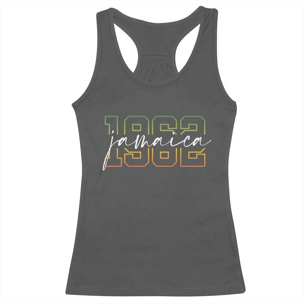 Proud Jamaican Racerback Tank Top Jamaica 1962 Rasta Flag TS11 Dark Heather Print Your Wear