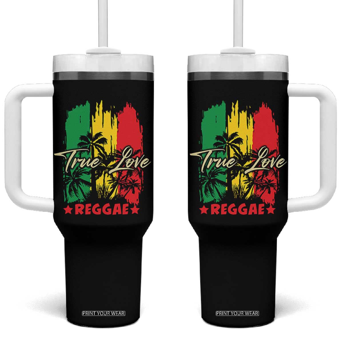 True Love Reggae Tumbler With Handle Jamaican Rasta Music Palm Tree TS11 One Size: 40 oz Black Print Your Wear