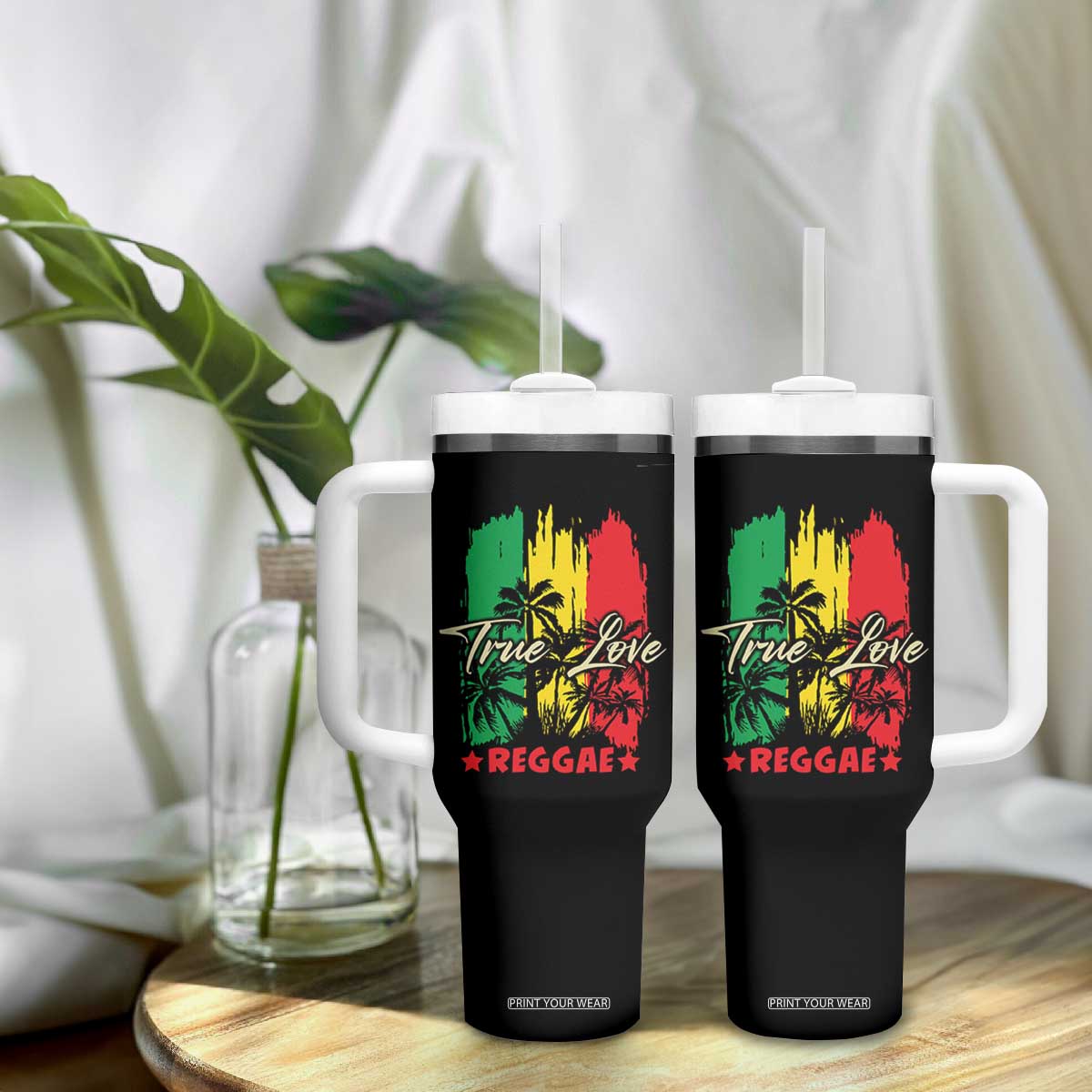 True Love Reggae Tumbler With Handle Jamaican Rasta Music Palm Tree TS11 Print Your Wear