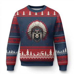 Native American Indian Chief Skull Headdress Ugly Christmas Sweater TS11 Navy Red Print Your Wear