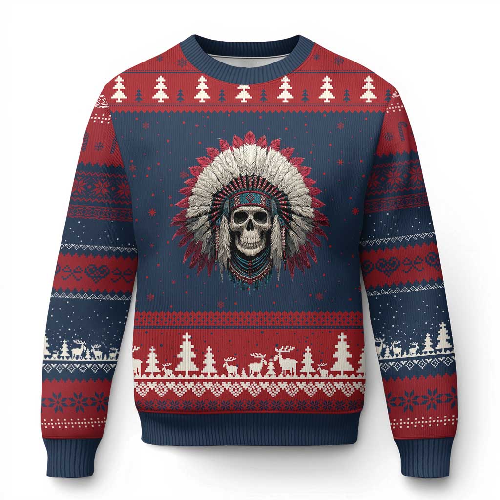 Native American Indian Chief Skull Headdress Ugly Christmas Sweater TS11 Navy Red Print Your Wear