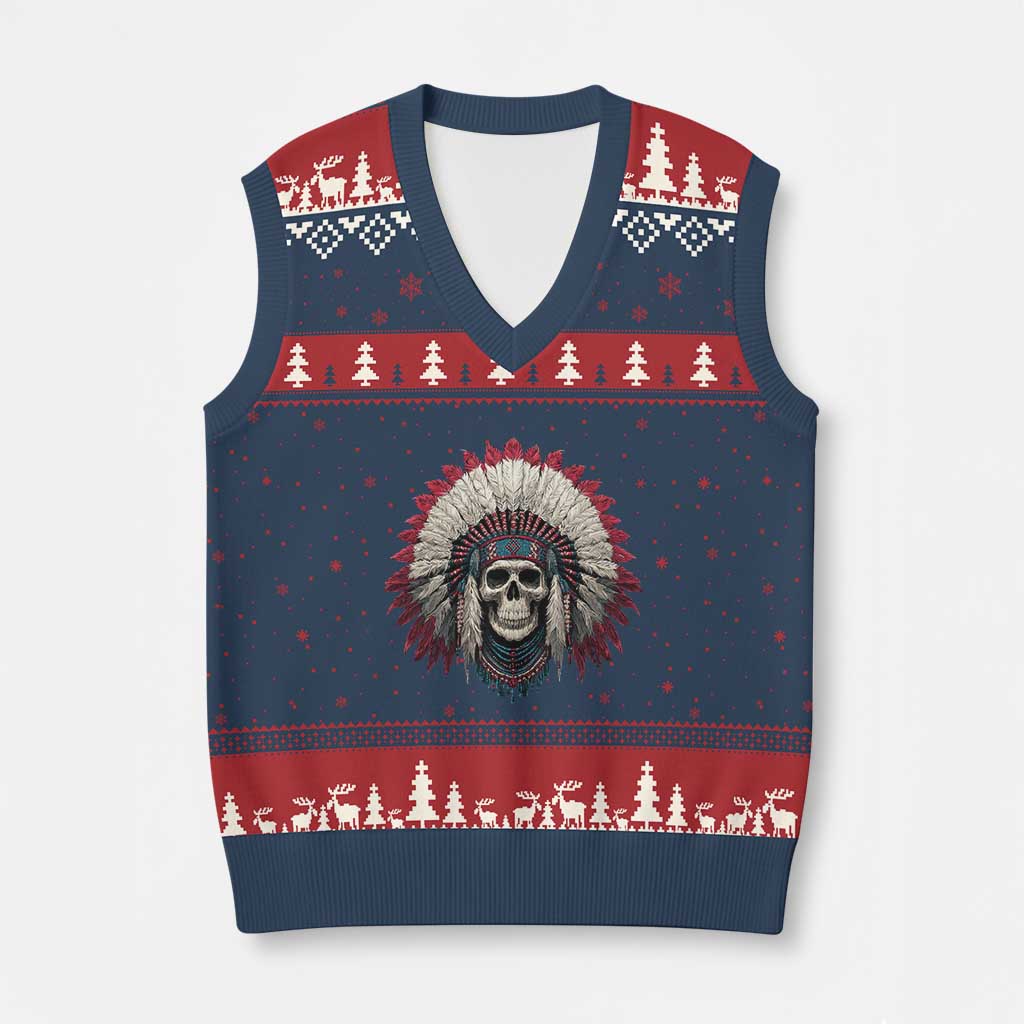 Native American Indian Chief Skull Headdress V-Neck Knit Sweater Vest - Print Your Wear