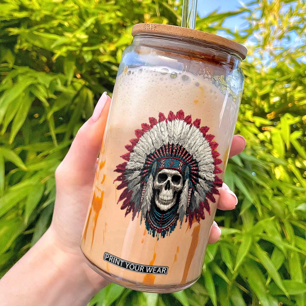 Native American Indian Chief Skull Headdress Glass Can TS11 Black Print Your Wear