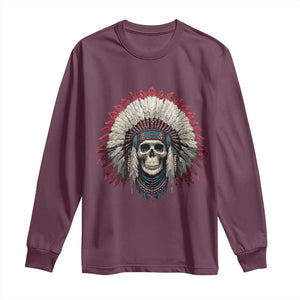 Native American Indian Chief Skull Headdress Long Sleeve Shirt TS11 Maroon Print Your Wear