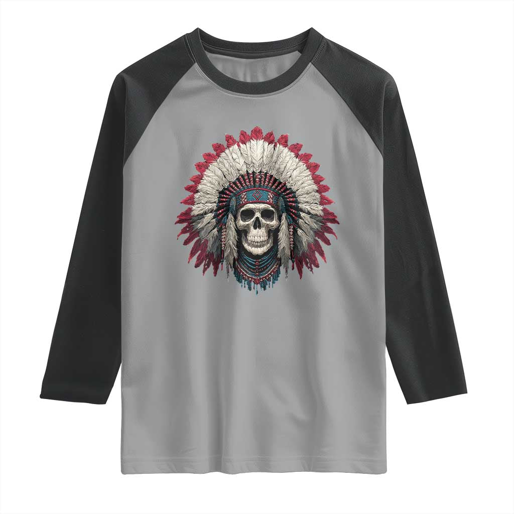 Native American Indian Chief Skull Headdress Raglan Shirt TS11 Sport Gray Black Print Your Wear