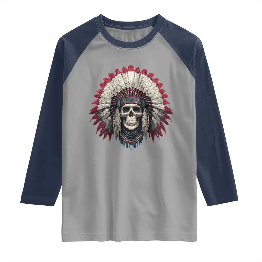 Native American Indian Chief Skull Headdress Raglan Shirt TS11 Sport Gray Navy Print Your Wear