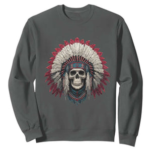 Native American Indian Chief Skull Headdress Sweatshirt TS11 Dark Heather Print Your Wear