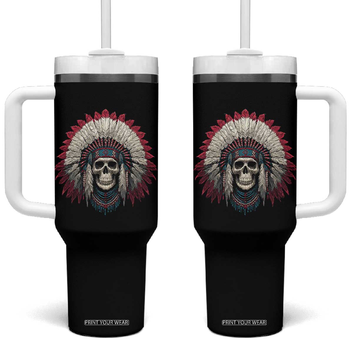 Native American Indian Chief Skull Headdress Tumbler With Handle TS11 One Size: 40 oz Black Print Your Wear