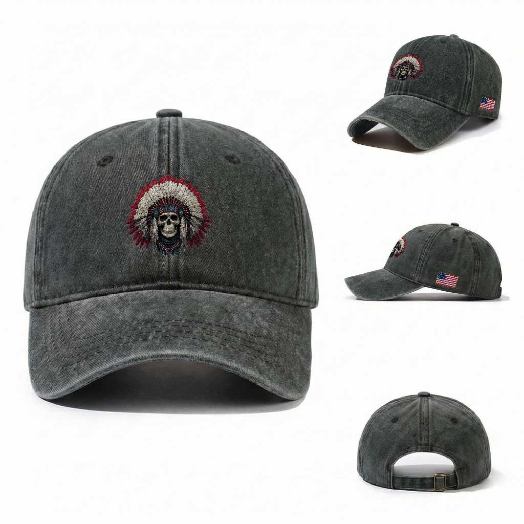Native American Indian Chief Skull Headdress Washed Cotton Baseball Cap