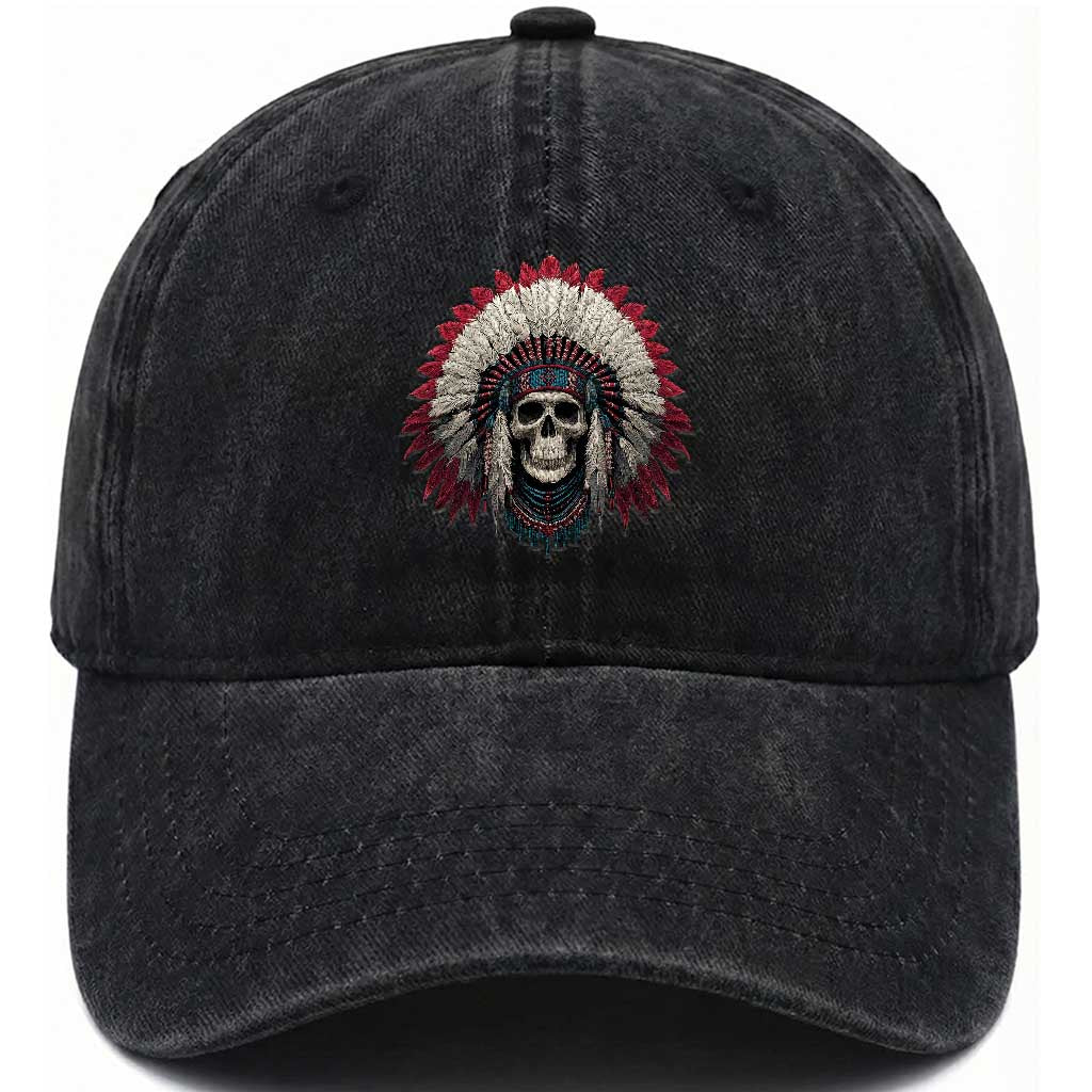 Native American Indian Chief Skull Headdress Washed Cotton Baseball Cap TS11 Print Your Wear