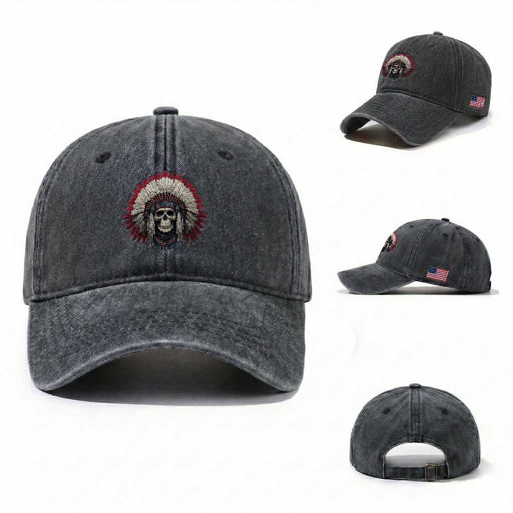Native American Indian Chief Skull Headdress Washed Cotton Baseball Cap
