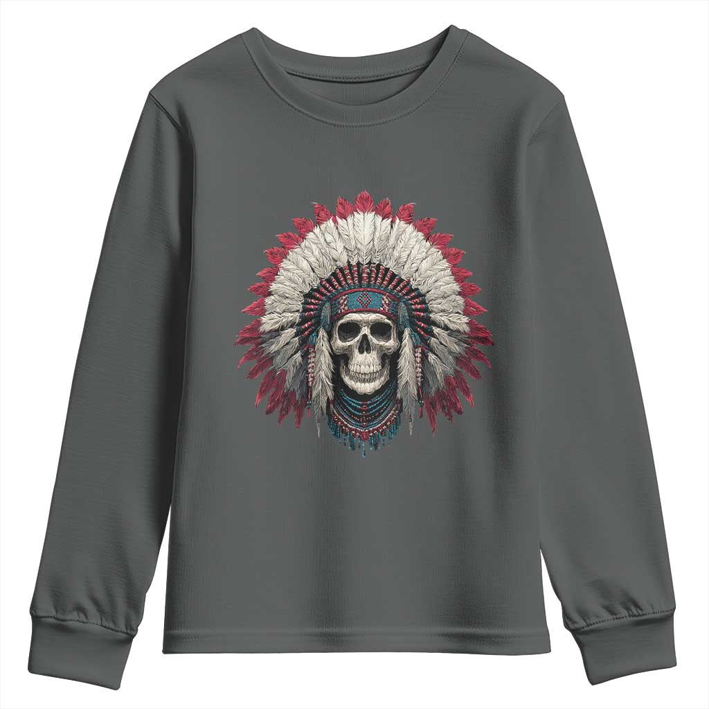 Native American Indian Chief Skull Headdress Youth Sweatshirt TS11 Dark Heather Print Your Wear