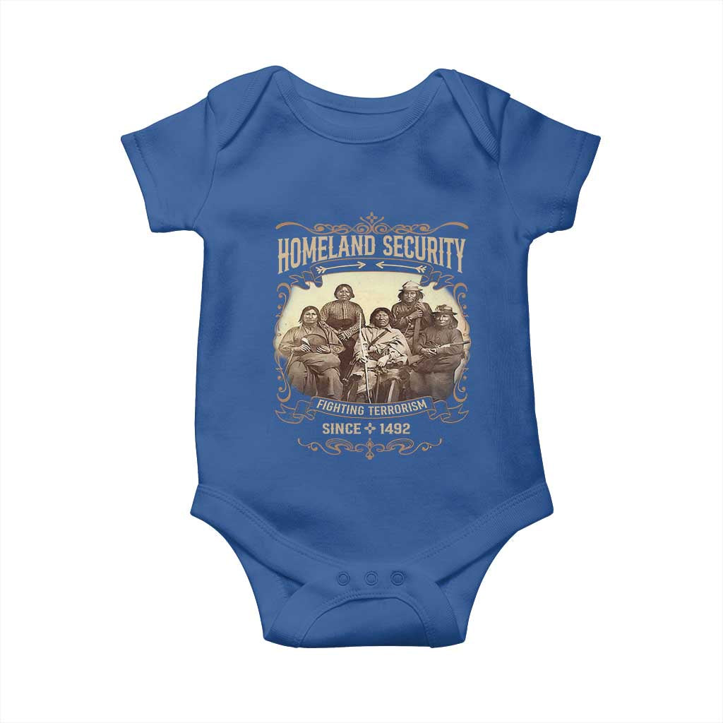 Homeland Security Fighting Terrorism Since 1492 Baby Onesie Native American History TS11 Royal Blue Print Your Wear