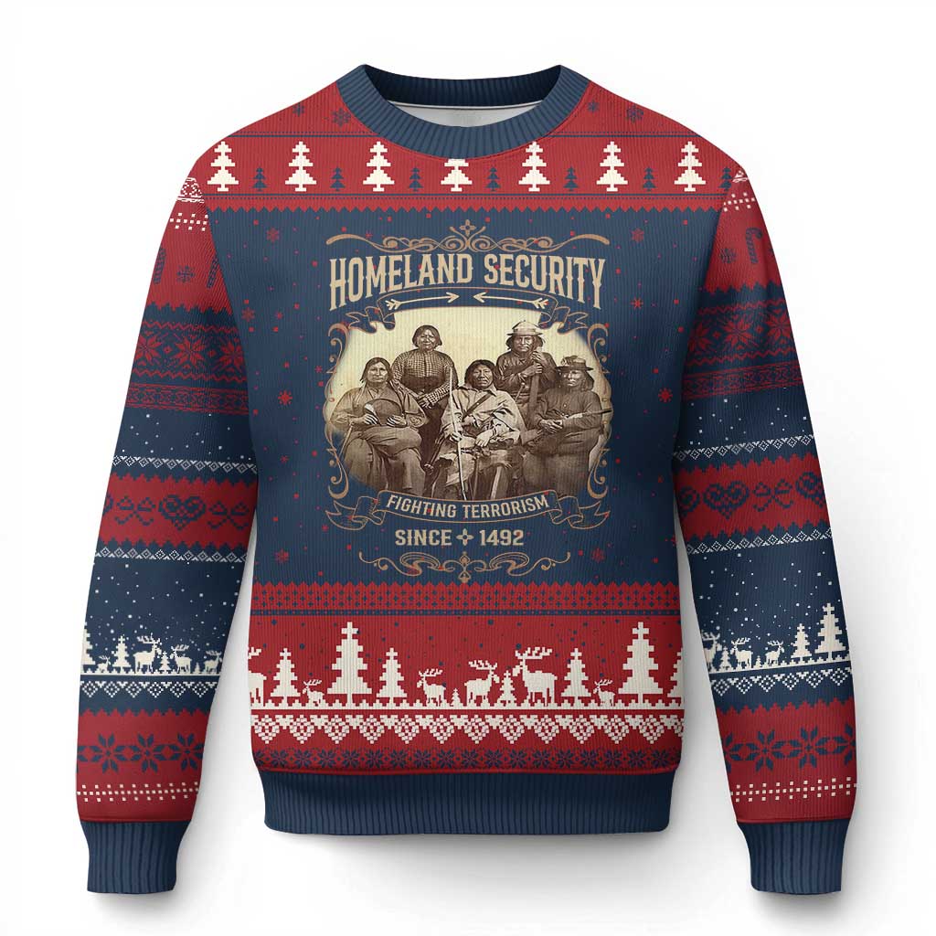 Homeland Security Fighting Terrorism Since 1492 Ugly Christmas Sweater Native American History TS11 Navy Red Print Your Wear