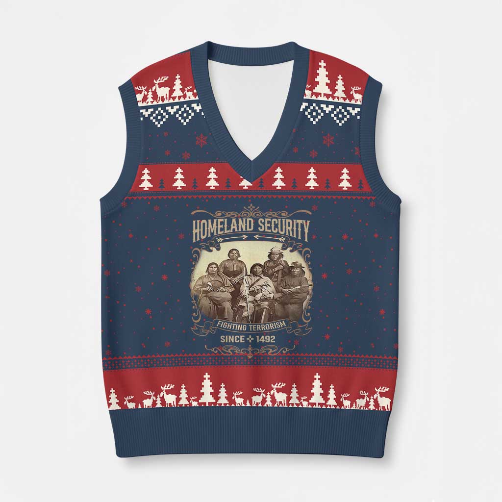 Homeland Security Fighting Terrorism Since 1492 V-Neck Knit Sweater Vest Native American History TS11 Navy Red Print Your Wear