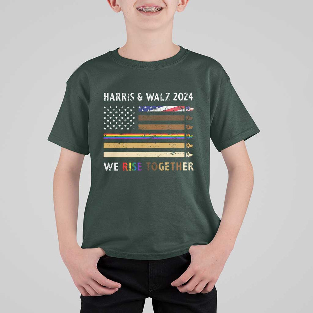 Harris Walz 2024 T Shirt For Kid We Rise Together Vintage American Flag TS11 Dark Forest Green Print Your Wear