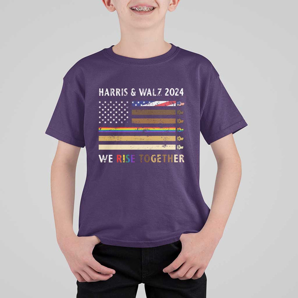Harris Walz 2024 T Shirt For Kid We Rise Together Vintage American Flag TS11 Purple Print Your Wear