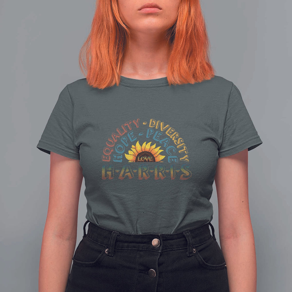 Harris Supporter T Shirt For Women Peace Love Equality Hope Diversity Sunflower TS11 Dark Heather Print Your Wear