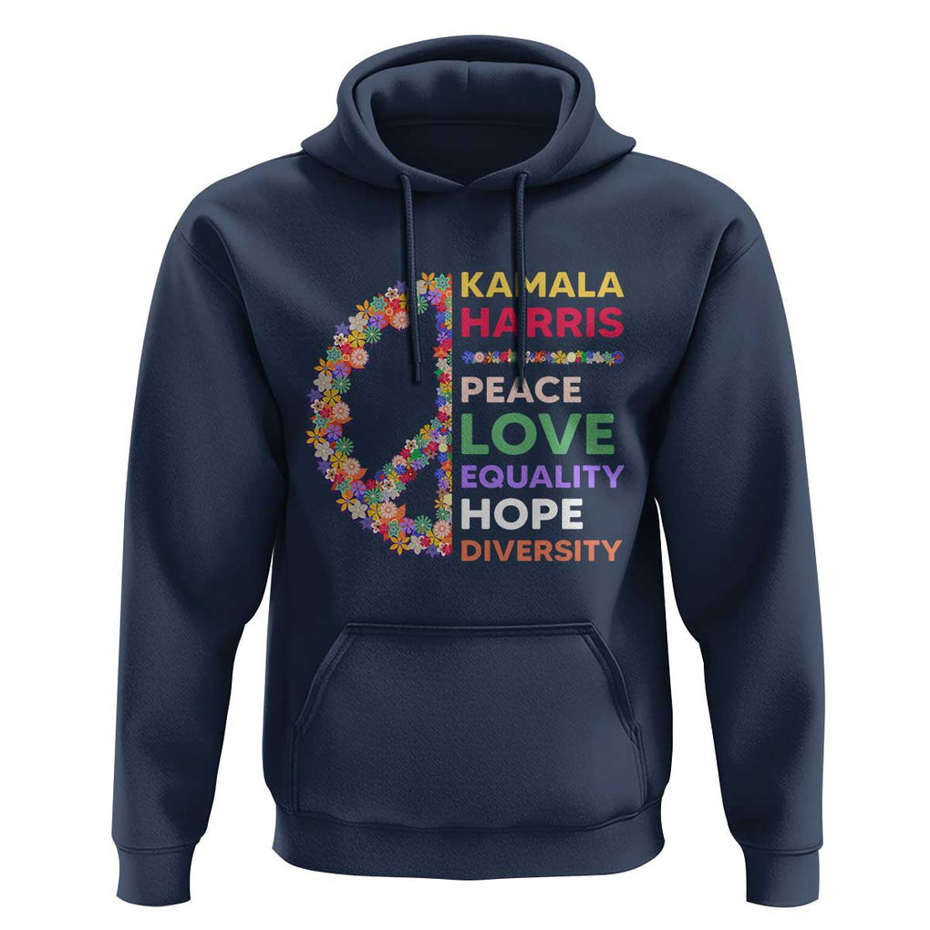 Harris Supporter Hoodie Peace Love Equality Hope Diversity Retro Flower Peace Sign TS11 Navy Print Your Wear