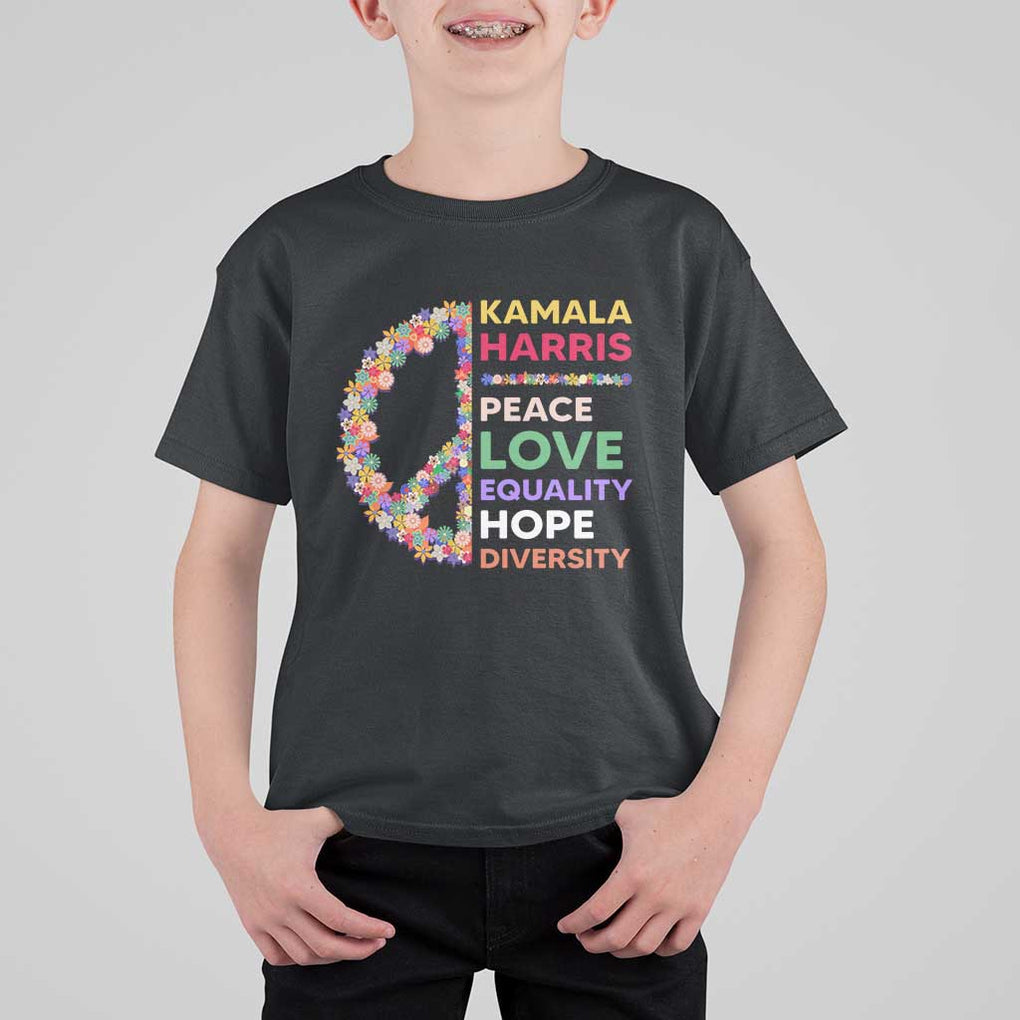 Harris Supporter T Shirt For Kid Peace Love Equality Hope Diversity Retro Flower Peace Sign TS11 Black Print Your Wear