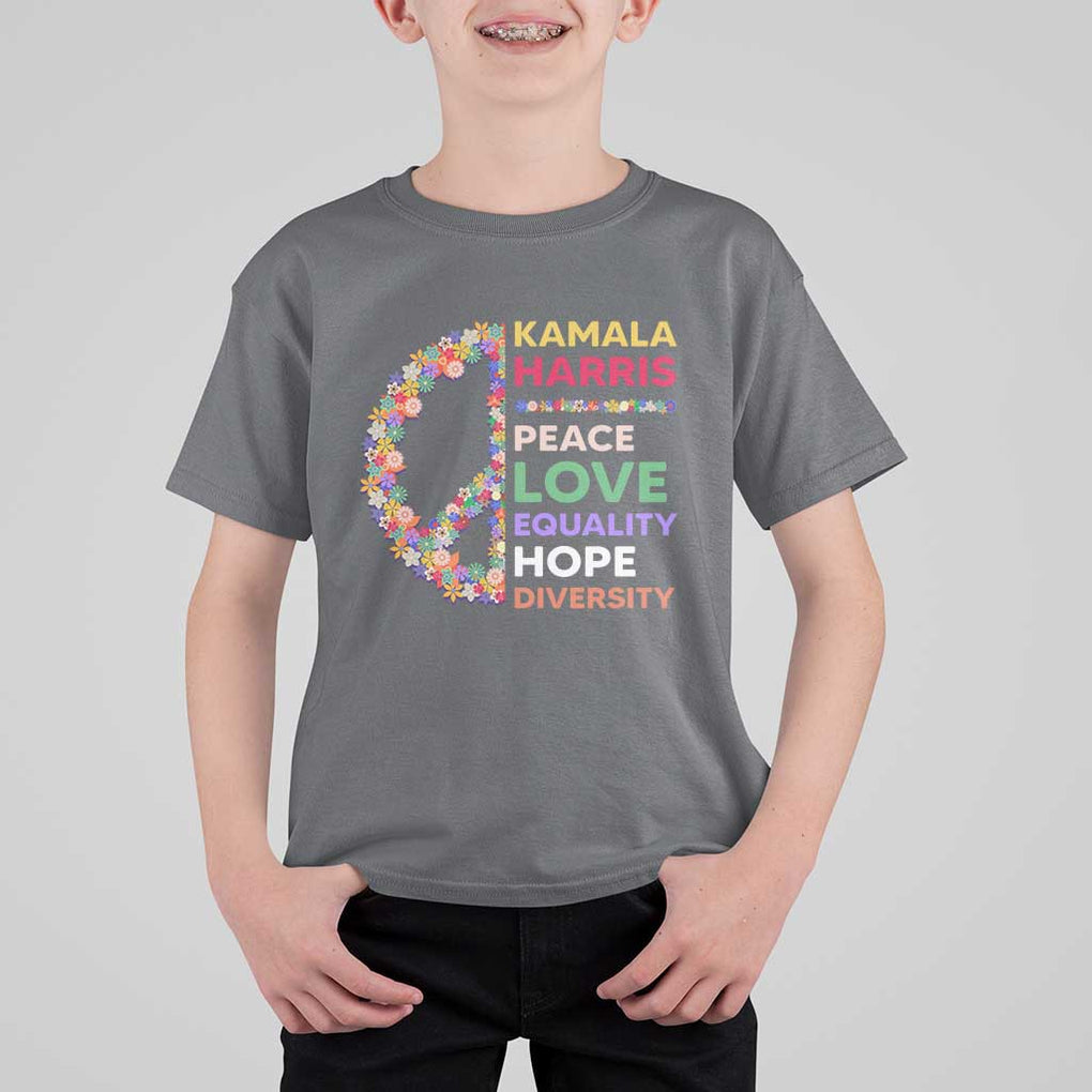 Harris Supporter T Shirt For Kid Peace Love Equality Hope Diversity Retro Flower Peace Sign TS11 Charcoal Print Your Wear