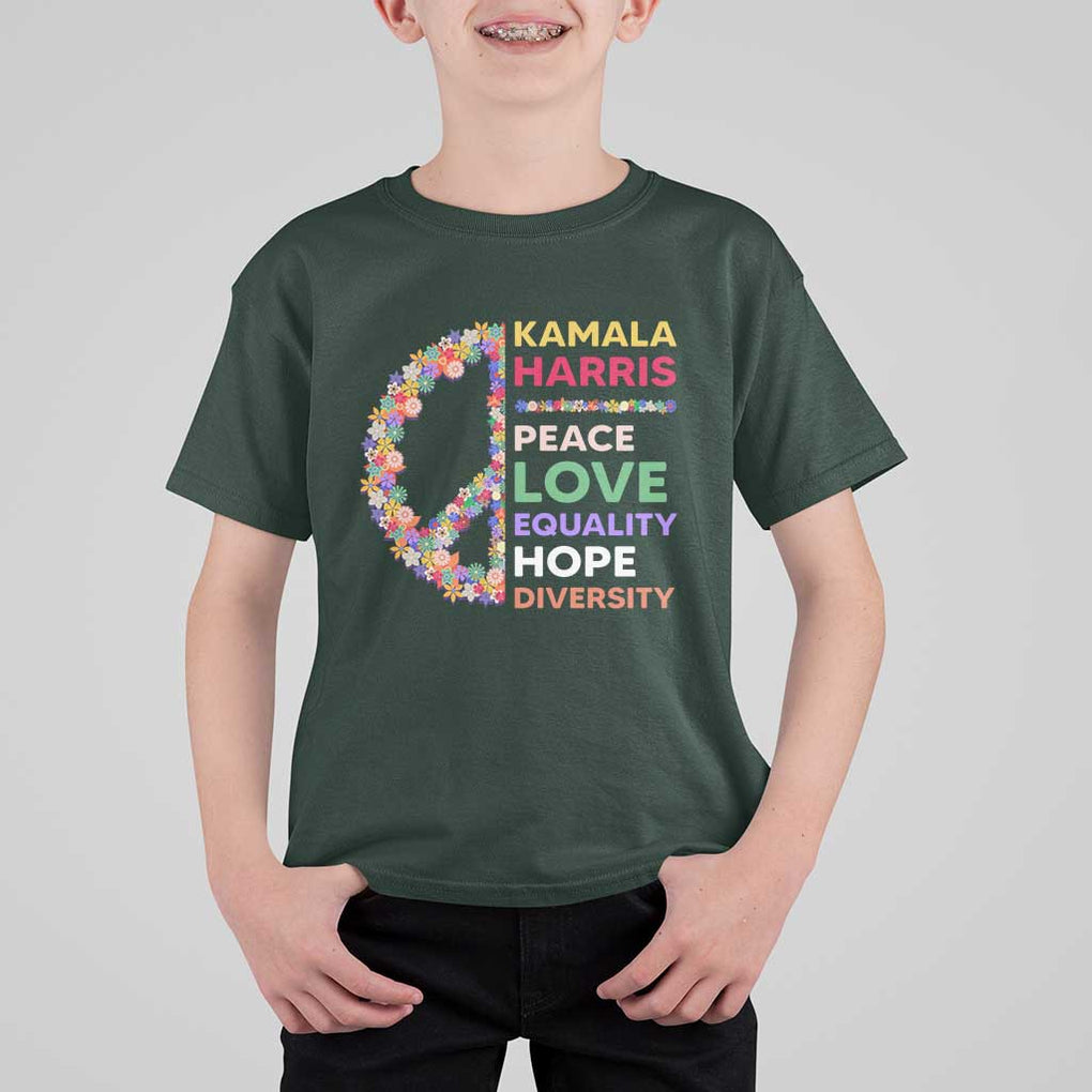 Harris Supporter T Shirt For Kid Peace Love Equality Hope Diversity Retro Flower Peace Sign TS11 Dark Forest Green Print Your Wear