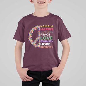 Harris Supporter T Shirt For Kid Peace Love Equality Hope Diversity Retro Flower Peace Sign TS11 Maroon Print Your Wear