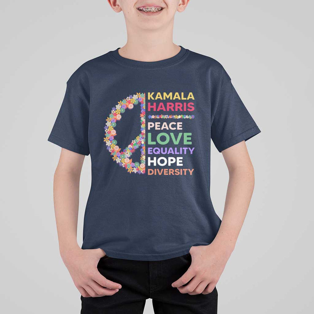 Harris Supporter T Shirt For Kid Peace Love Equality Hope Diversity Retro Flower Peace Sign TS11 Navy Print Your Wear