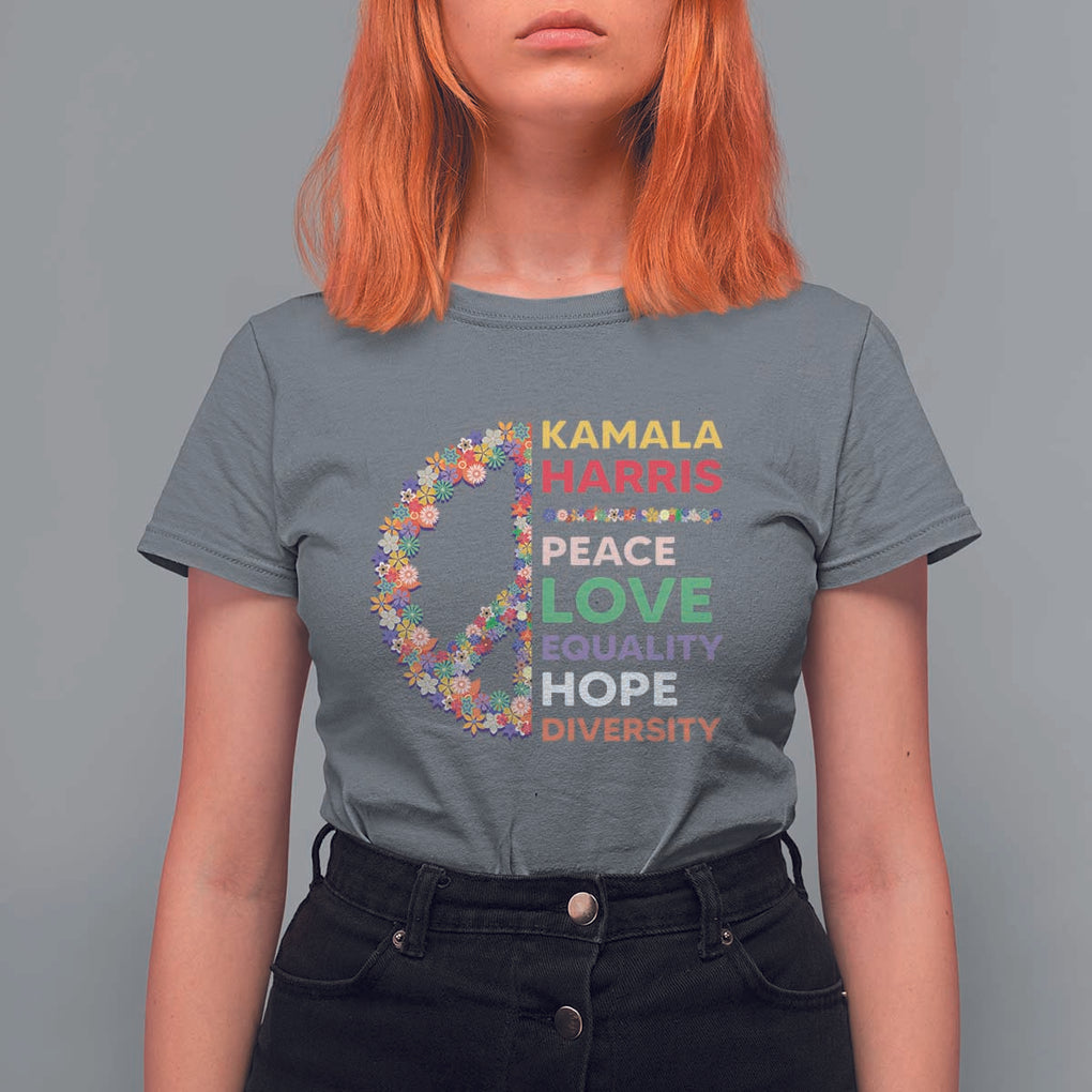 Harris Supporter T Shirt For Women Peace Love Equality Hope Diversity Retro Flower Peace Sign TS11 Charcoal Print Your Wear